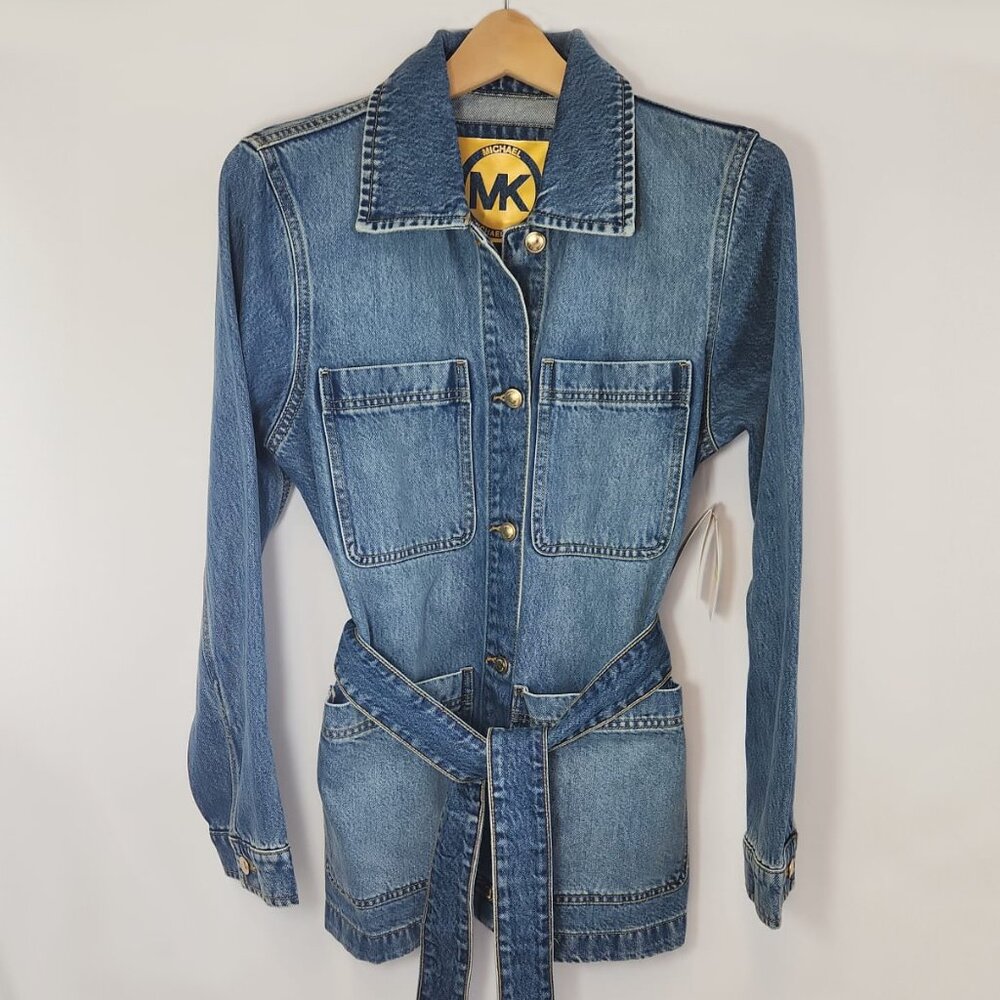 NWT Michael Kors Blue Denim Belted Jacket with Pockets in Stone Wash